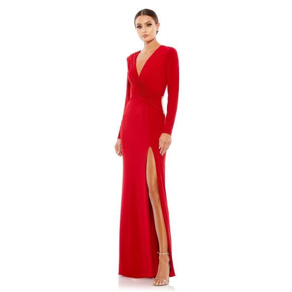 MAC DUGGAL JERSEY LONG SLEEVE ASYMMETRICAL RUCHED GOWN